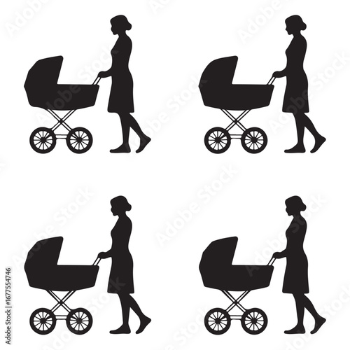 Silhouette of woman pushing baby carriage four times on white background stroller