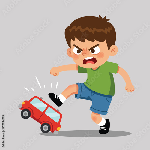 Angry boy kicking red toy car in frustration vector illustration of child expressing anger and tantrum 