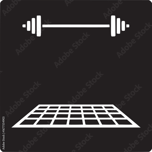A black and white graphic of a weightlifting area with a barbell and a grid pattern floor area