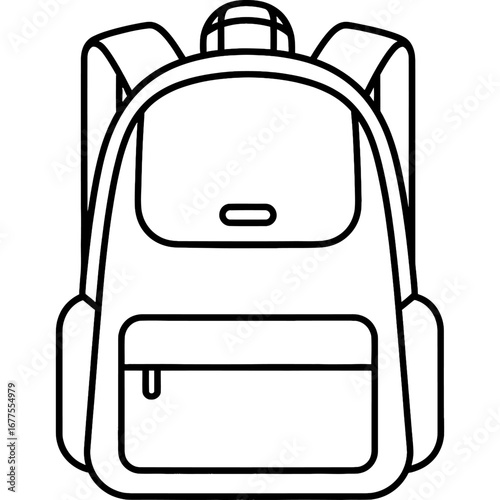 Minimalist backpack outline icon for school and travel. Simple black and white line art vector illustration of a rucksack for education concepts