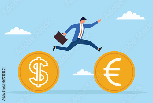 Vector illustration of a businessman jumping from a dollar coin to a euro coin, symbolizing currency exchange, international finance, and global investment opportunities
