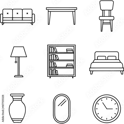 Collection of Illustrated Furniture Icons for Interior Design and Decorating Concepts