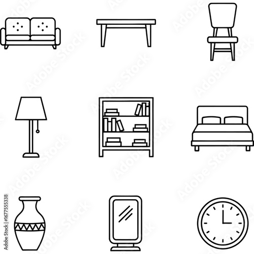 Conceptual collection of minimalist furniture and home decor thin line icons for interior design