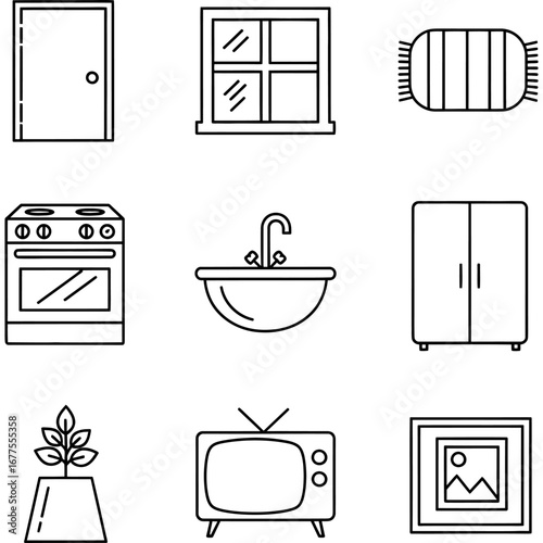 Minimalist Icon Set Home Interior Essentials Line Art Collection