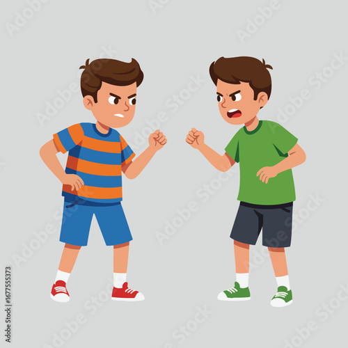 Two boys arguing face to face in casual clothes showing conflict and anger expression vector illustration 