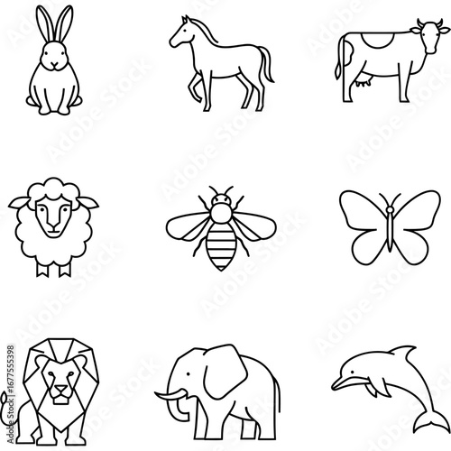 Collection of Line Art Animals Rabbit, Horse, Bee, and More