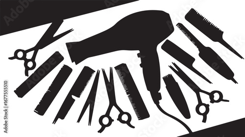 Overhead View of Black Silhouettes of Hairdressing Tools on a White Background salon black and white
