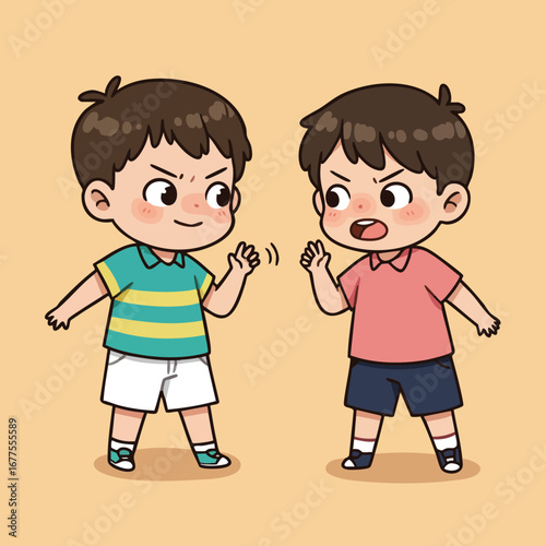 Two boys arguing and confronting each other with determined expressions in casual clothes vector illustration 
