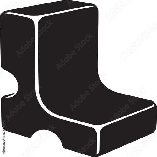 A black and white illustration of an abstract geometric shape with rounded edges and cutouts on a white background
