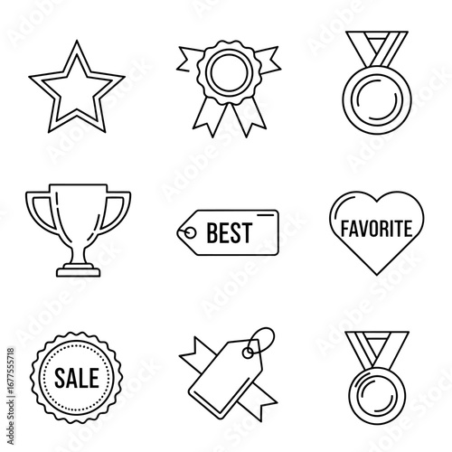 Set of minimalist outline icons representing achievement, quality, and retail concepts