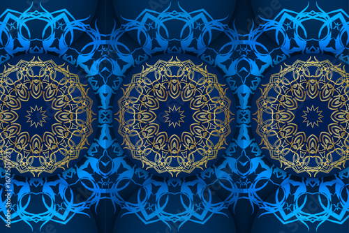 Intricate symmetrical mandala artwork with floral petals in glowing yellow blue and white mirrored design on dark background decorative calming piece for meditation and yoga themes