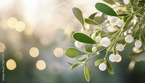 mistletoe with soft bokeh lights creates a serene festive background in gentle green and cream tones