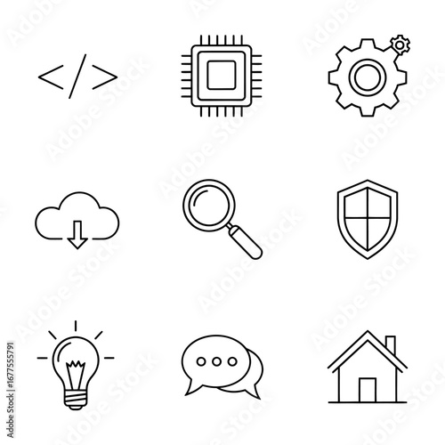 Thin line icon set representing technology, web development, and business communication concepts