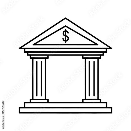 Simple outline icon of a financial bank building with a dollar currency sign on a white background