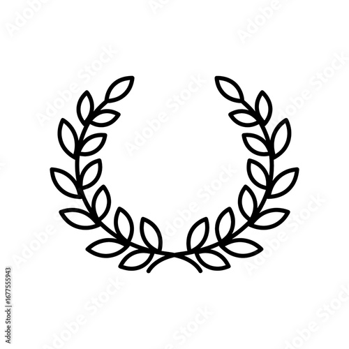 Elegant minimalist black line laurel wreath icon, a universal symbol of victory, success, honor, and achievement, perfect for awards, recognition, and academic distinction