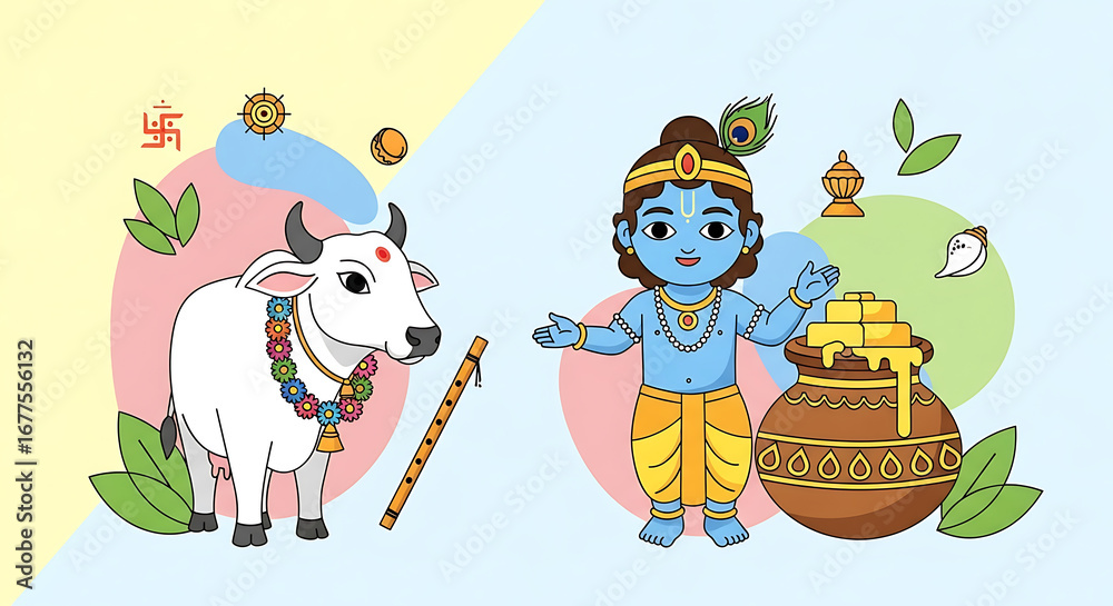 Naklejka premium Deity Krishna with sacred cow vector illustration for traditional celebration