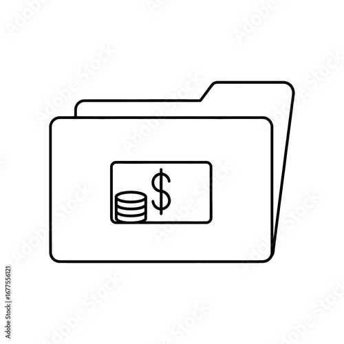 Simple line art icon of a financial documents folder with a dollar sign, representing budget and savings