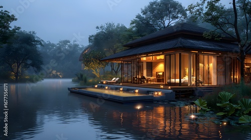 Riverside bamboo villa with glowing interiors high resolution picture