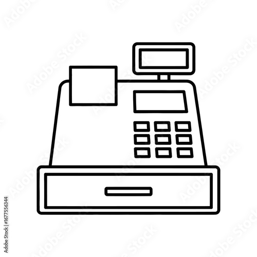 Simple cash register line art icon isolated on a white background, representing retail, payment, and financial transactions