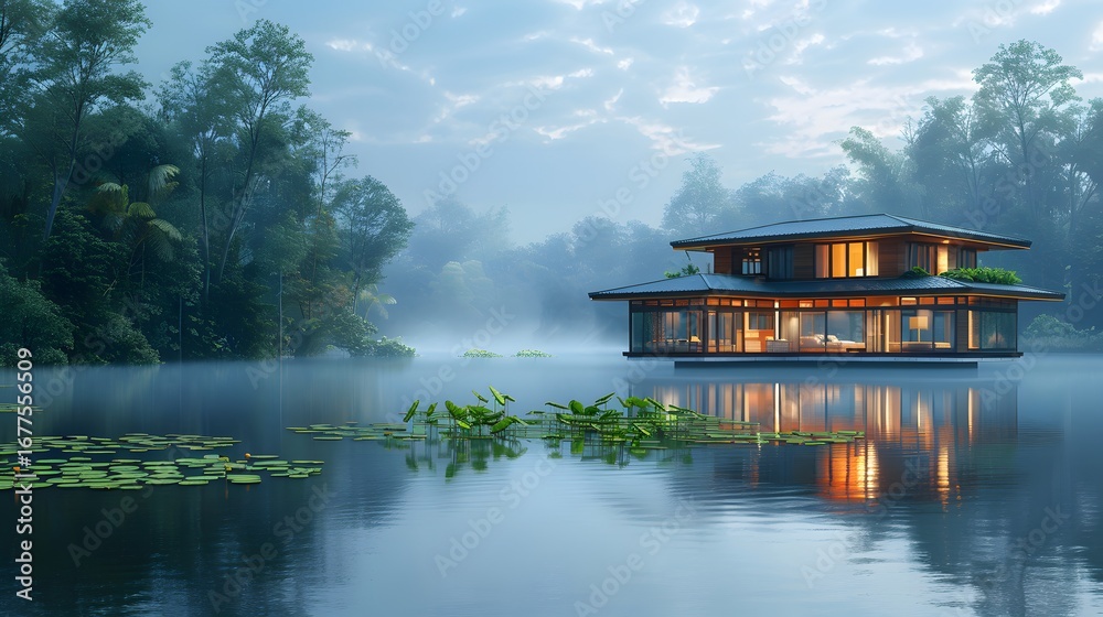 Fototapeta premium Serene kerala lakehouse villa offering peaceful escape high resolution picture