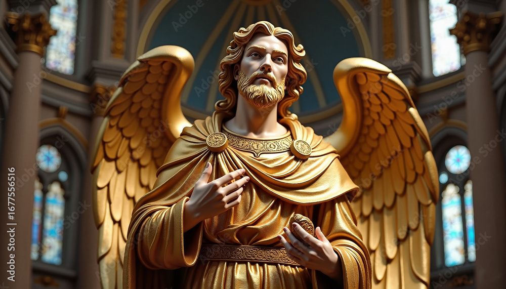 Obraz premium Angel statue with golden wings in a church setting 
