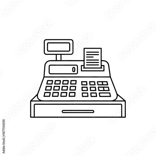 Cash register line art icon with paper receipt. Vector illustration of a payment machine for retail store and business transactions