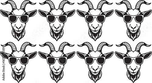 Repeating Pattern of Cool Goats Wearing Sunglasses in Black and White animal animals