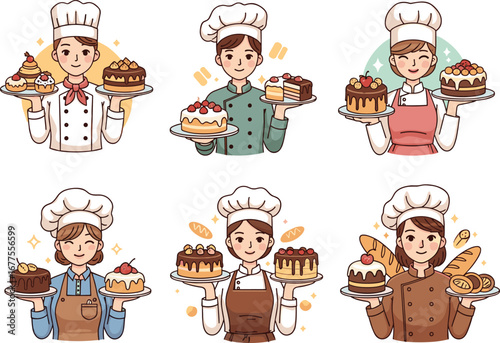 Cartoon pastry chef character holding delicious cakes and desserts, bakery illustration, cute baker mascot design, sweet food, patisserie concept vector