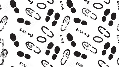 Seamless Pattern of Black Footprints and Shoe Soles on White shoe print