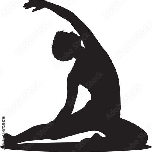 Silhouette of a person stretching their arm while seated in a yoga position on a white background