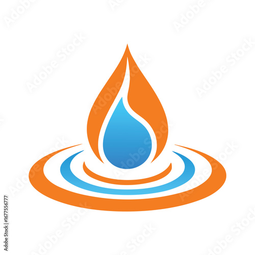 Orange flame shape with blue water drop and ripples abstract circle