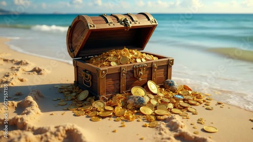 Open pirate treasure chest in golden and brown tones, representing wealth and adventure on a sunny beach