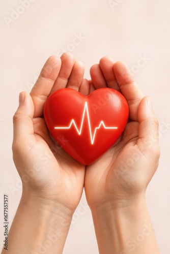 Hands holding a red heart with a heartbeat line, symbolizing care, compassion, and health, ideal for concepts related to wellness, healthcare, and emotional support.