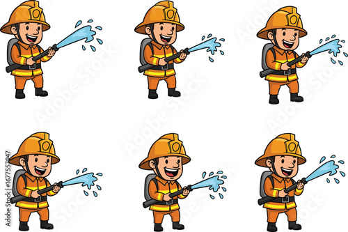 Firefighter spraying water hose, cartoon firefighter character, firefighting action, safety equipment, emergency response, fireman putting out fire, rescue worker, protective gear