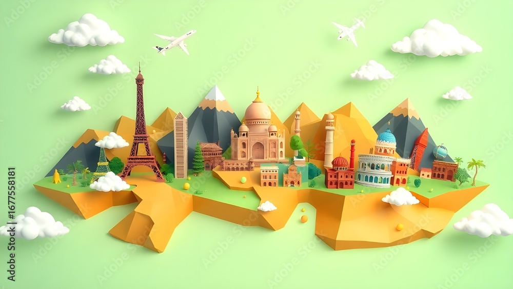 Obraz premium Save to Library Download Preview Preview Crop Find Similar File #: 792667822 Wallpaper travel illustration 3d color tourism place, landmarks world, travel day wallpaper