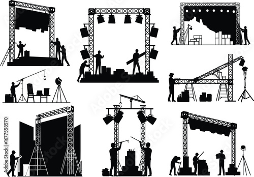 Stage construction silhouette, workers building stage, event setup, lighting installation, concert preparation, sound equipment, stage crew teamwork, performance venue, stage design 