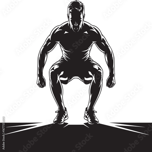 Silhouette of muscular man in squat position with athletic shoes on black and white background design