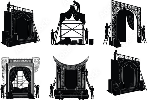 Stage decoration silhouette, workers building stage, event backdrop, theater construction, stage arch design, curtain setup, creative installation, cultural event, performance preparation