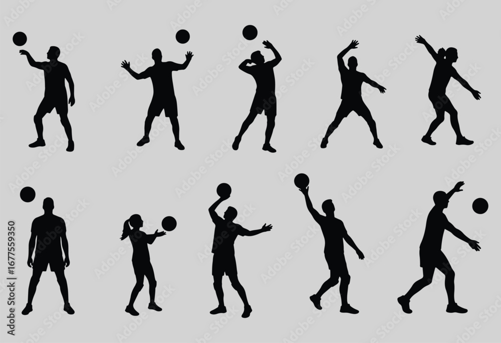 Obraz premium Volleyball Players Silhouettes Set - Serving, Spiking, Passing Vector.
