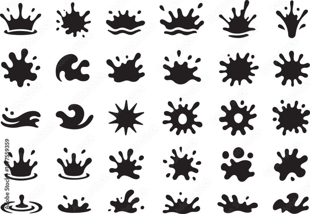 Fototapeta premium Collection of black and white water splash icons and symbols for creative design projects
