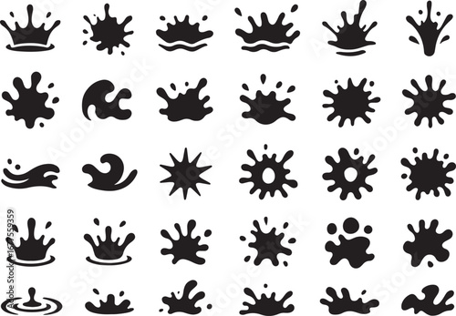Collection of black and white water splash icons and symbols for creative design projects
