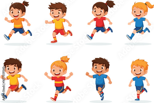Happy running kids, diverse children exercising, active boys and girls, sportswear, healthy lifestyle, fitness, outdoor activity, cartoon illustration, joyful movement, playful energy