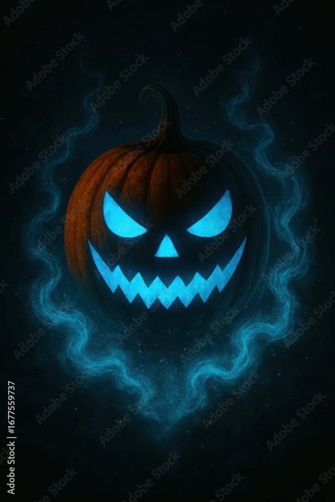 Fototapeta premium A chilling and vibrant Halloween pumpkin with an eerie glow, perfect for spooky themes and seasonal promotions.