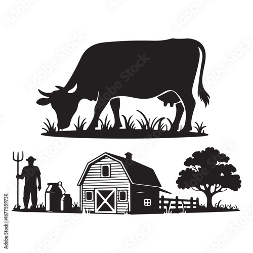 Black silhouette of a cow grazing near a farm with a farmer and milk cans barn