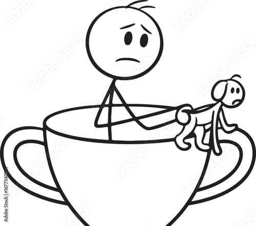 Stick Figure and Dog in a Coffee Cup Looking Sad on White Background person animal