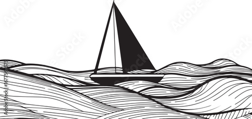 Stylized Black and White Sailboat on Wavy Ocean Water sailing ship