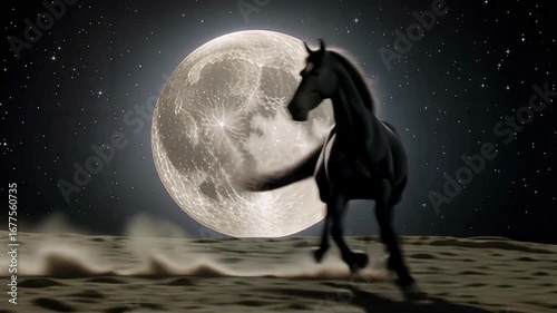Black horse running under full moon in surreal night landscape
