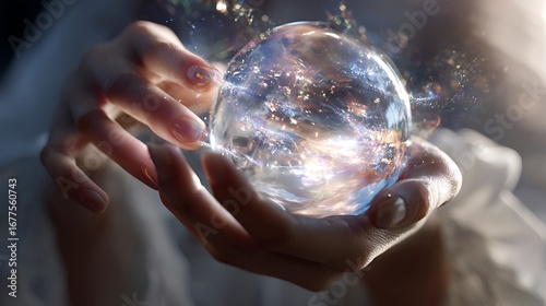 Hands Hold Glowing Orb. Concept: Future, Magic, Power. Use: Marketing, Web, Design.