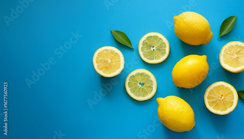 bright blue background featuring fresh yellow lemons and lemon slices arranged in a stylish flat lay perfect for summer health and diet themes with a pop art influence and minimalist design