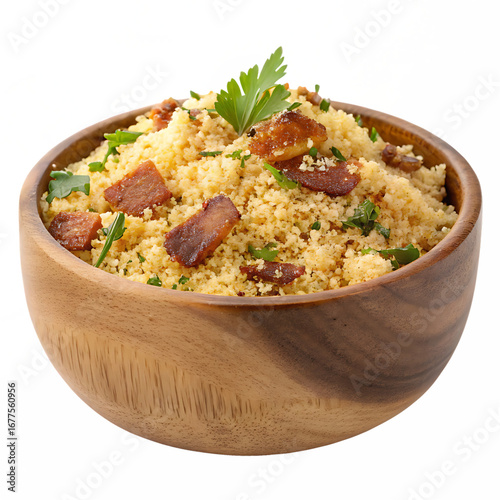 A wooden bowl filled with delicious farofa, a traditional brazilian dish made with manioc flour, bacon, and parsley, isolated on transparent background